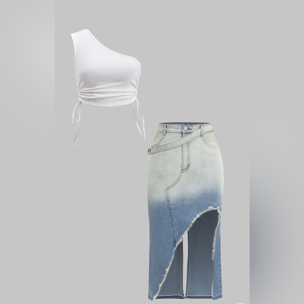 Asymmetrical Denim Skirt and White Crop Top Set